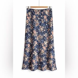 LOFT Floral Print Midi Skirt in Blue and Pink